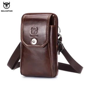 BULLCAPTAIN Genuine Leather Casual Men's Zipper Closure Small Waist Pack Phone Pouch with Embossed Bull Head Logo Case Pack of 2