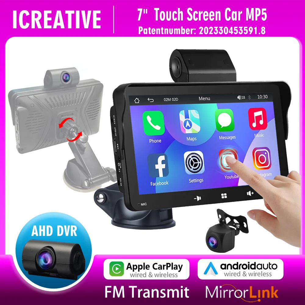 2 in 1 Car Radio Multimedia Video Player with DVR Driving Recorder AHD Cam MP5 Stereo FM Transmit Wireless Carplay&Android Auto - Image 2