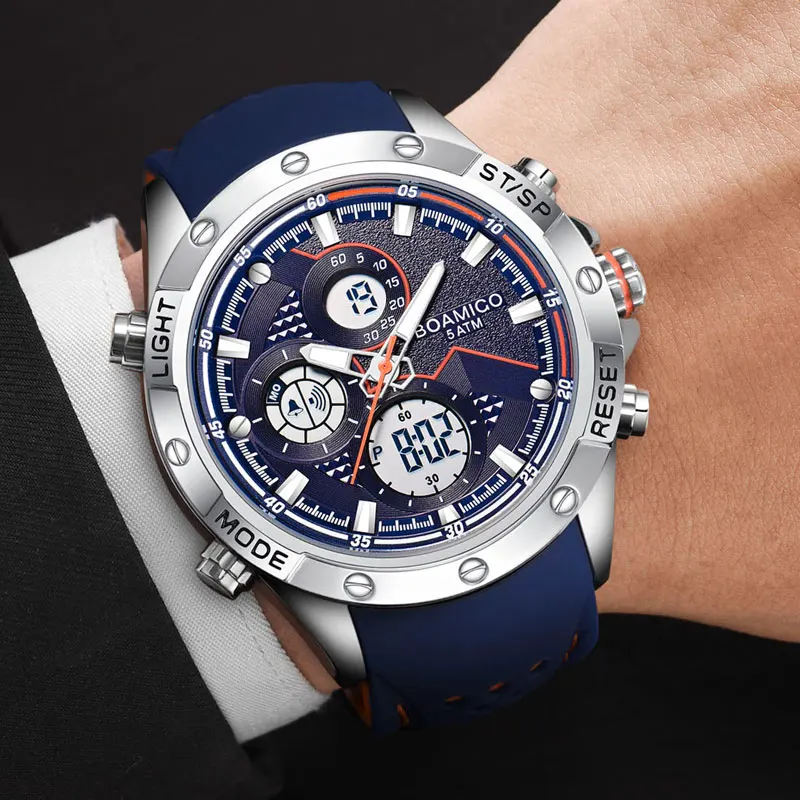 BOAMIGO New Fashion Blue Watch Men Digital Analog Quartz Chronograph Rubber Strap Watch 50M Waterproof Watches - Image 2