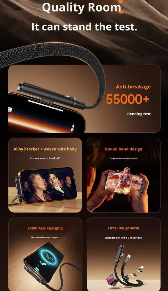 2-in-1 Stand Charging Cable Type C PD 240W Nylon Braided Elbow 180 Degree Fast Charger Flat Data Cable for Android Smartphones Pack of 10 - Image 3
