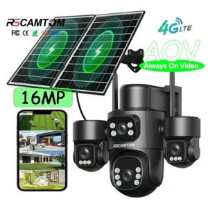 Rscamtom 16MP Outdoor Dual Solar Panel 4G Sim Card Camera Four Lens Auto Tracking Night Vision Full Color 4G AOV Solar Camera