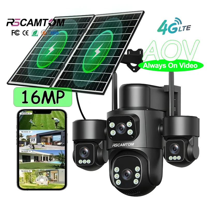 Rscamtom 16MP Outdoor Dual Solar Panel 4G Sim Card Camera Four Lens Auto Tracking Night Vision Full Color 4G AOV Solar Camera