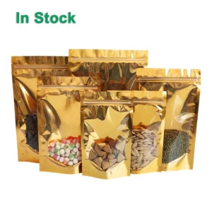 Factory Outlet Gold Stand up Pouch Clear Front Plastic Resealable Snack Food Packaging Bag with Zipper Pack of 200