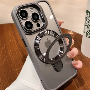 Magnetic Wireless Charging Case 16 15 Pro Max Crystal Clear Camera Protection Metal Stand Mobile Cover for iPhone 17