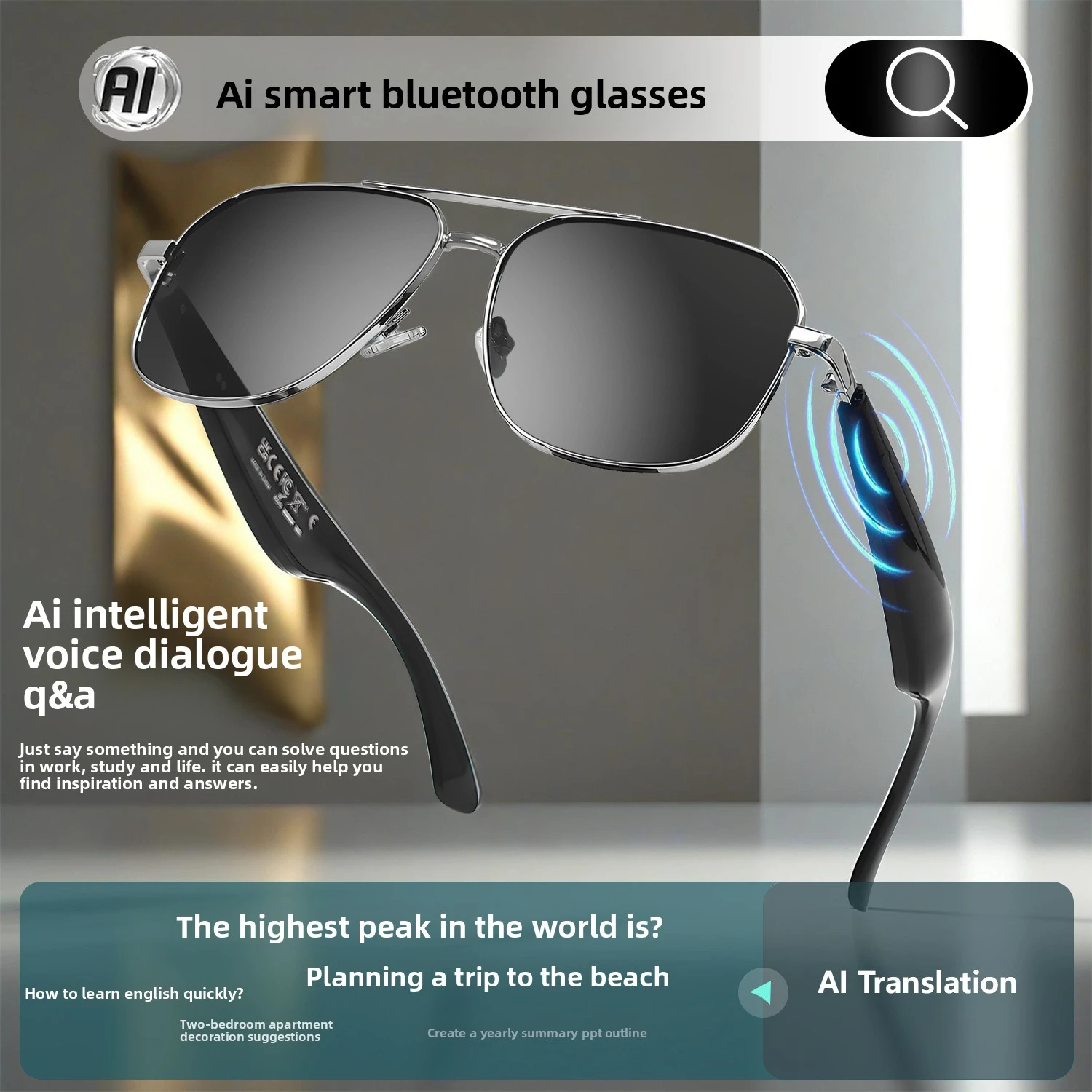 MZT GY100 AI Translation Bluetooth 100 Multi-language Real-time Translation Glasses Listening to Songs Call Smart Glasses - Image 4