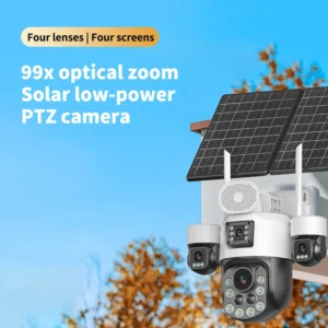 Rscamtom 99X Zoom Outdoor 4G Security Camera Solar CCTV Full Color Night Vision 24/7 Hours Recording Four Lens 4G Solar Camera Pack of 2