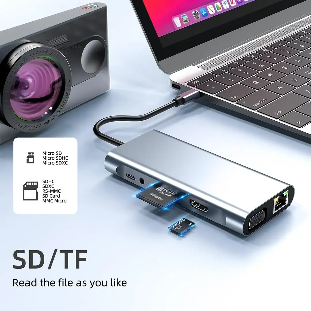 11 in 1 Aluminum Alloy USB C Hub Docking Station Adapter 4K SD Card Reader for Laptop Phone USB 3.1 C PD Charging Data Transfer - Image 4