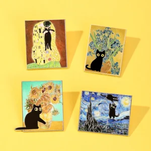 Black Cat & Famous Paintings Themed UV Printed Zinc Alloy Enamel Pin Casual Accessory Backpack Decor Gift Bulk Order Wholesalers Pack of 30