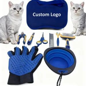 Low Custom Quantity Beginner-Friendly 8-in-1 Pet Grooming Set Dematting Comb, Deshedding Brush, Nail Clipper & Massage Glove Pack of 10