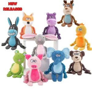 Retail New Pet Plush Sound Cotton Rope Toy Fox Frog Pig Dog Interactive Tug of War Training Pet Squeaky Plush Chew Toys Pack of 30
