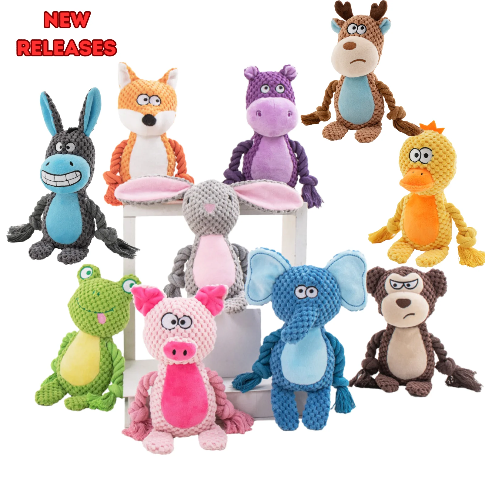 Retail New Pet Plush Sound Cotton Rope Toy Fox Frog Pig Dog Interactive Tug of War Training Pet Squeaky Plush Chew Toys Pack of 30