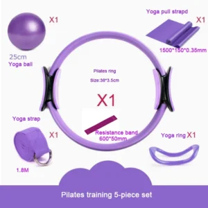 Five-Piece Pilates Circle and Yoga Wheatball Ring Combination with Latex Tension Band 25cm Stretch Assist for Pilates and Yoga Pack of 10