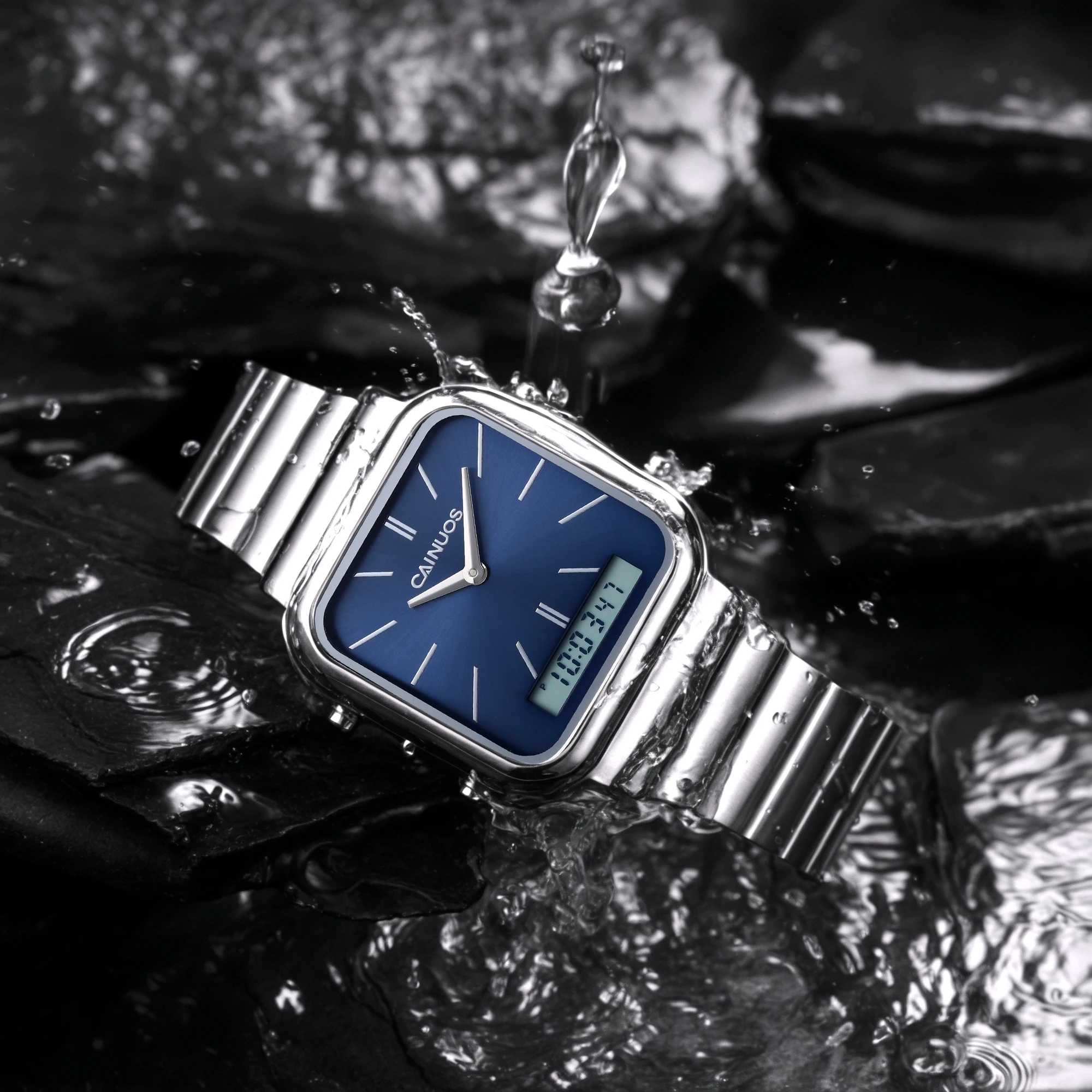 CAINUOS Men's Sports Watches Outdoor Multifunctional Dual Display With Night Light Stainless Steel Band, Stopwatch