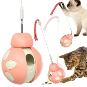 Interactive Rolling Wobble Treat Puzzle Toy with Spring Teaser Wand for Indoor Cats Food Dispenser