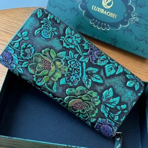 Vintage Elegant Leather Women's Wallet Carved Clutch Bag with Multi-Card Slots Mobile Case and Change Coin Purse Pack of 2