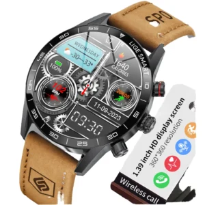 BW0408 Brown Genuine Leather Smart Watch Unisex IPS Display 1.32" IP67 Waterproof Fitness Tracker AI Voice Assistant Calendar