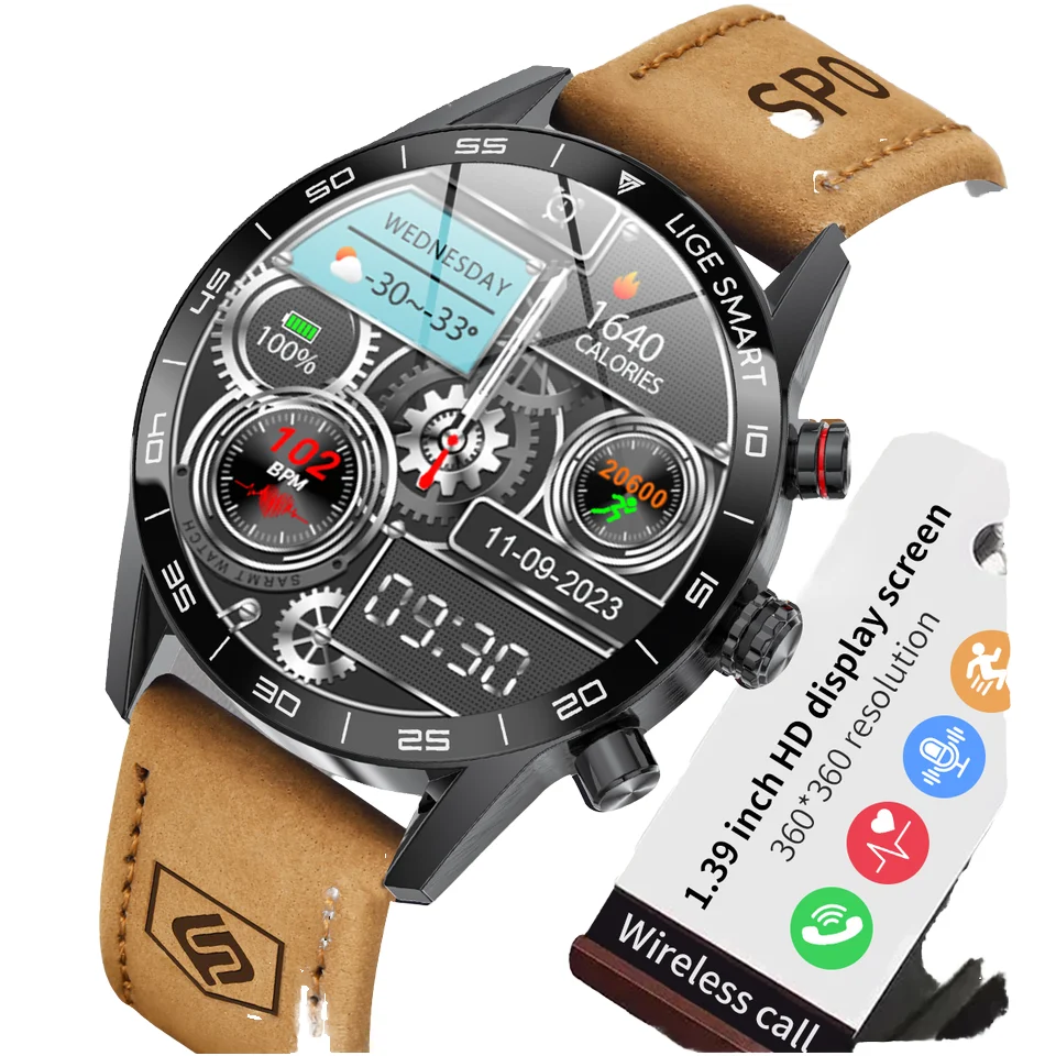 BW0408 Brown Genuine Leather Smart Watch Unisex IPS Display 1.32" IP67 Waterproof Fitness Tracker AI Voice Assistant Calendar