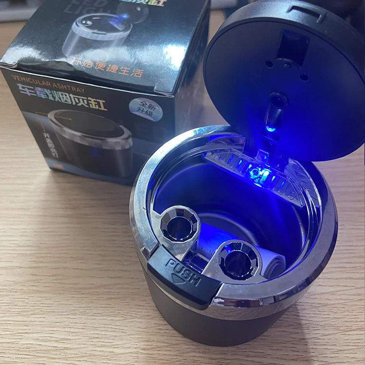 Custom logo Print Mini Alloy Flame Retardant Portable Windproof Flame Retardanty Double-layer LED Light Covered Car Ashtray Pack of 10 - Image 2