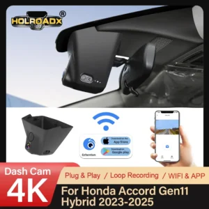 Holroadx Front 4K Video Recorder Custom Fit Accord Gen11 2023-2024 Hybrid Dual Lenses 170 WiFi App 64GB Card 1-Year Warranty