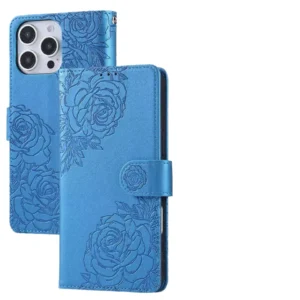 New Rose Pattern Leather Wallet Card Bag Mobile Case Hand Strap Magnetic Ring Holder Camera Protector 17Pro Max Shockproof
