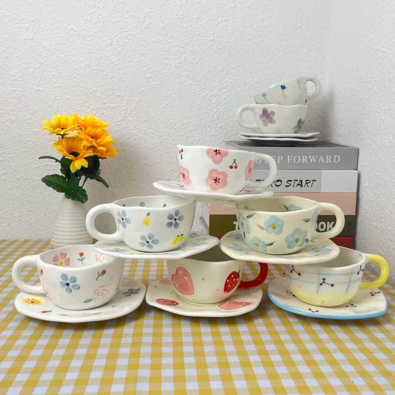 Japanese Retro Handmade Irregular Ceramic Cup With Plate Printed Coffee Mug Unique Patterned Tea Cup Set Pack of 2 - Image 3