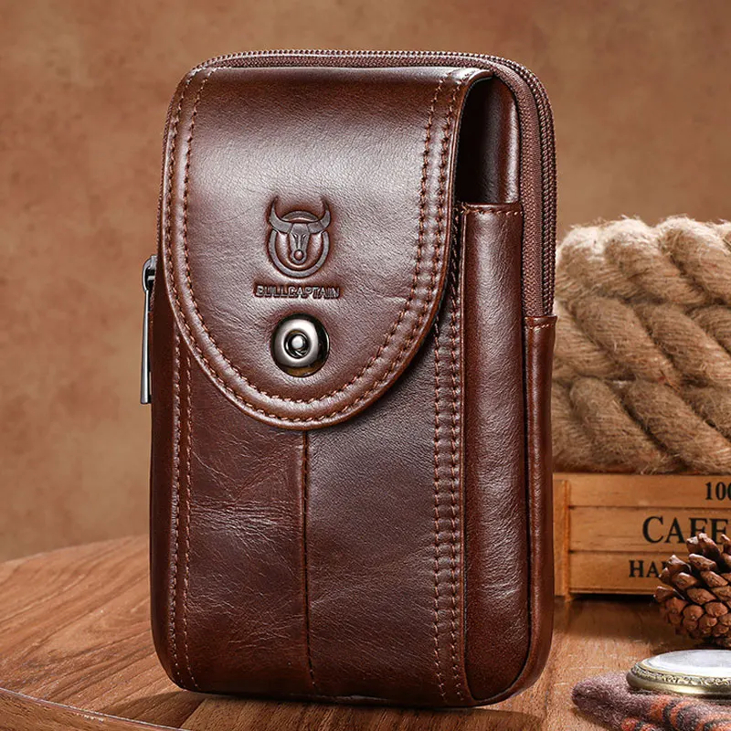 BULLCAPTAIN Genuine Leather Small Waist Bag for Men Casual Outdoor Fanny Pack Phone Pouch Multifunction Shoulder Crossbody Bags Pack of 2