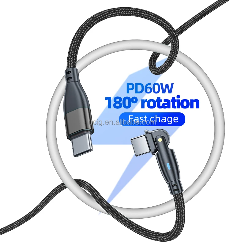 PD60W QC3.0 Fast Charging 180 Degree Swivel Right Angle USB C/TYPE C Nylon Braided Phone Charger Cord Charging & Data Cable - Image 3
