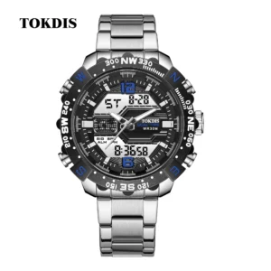 TOKDIS Men's Fashion Sports Watch with Stainless Steel Strap Waterproof Electronic Stopwatch Double Display Alloy Case Pack of 5
