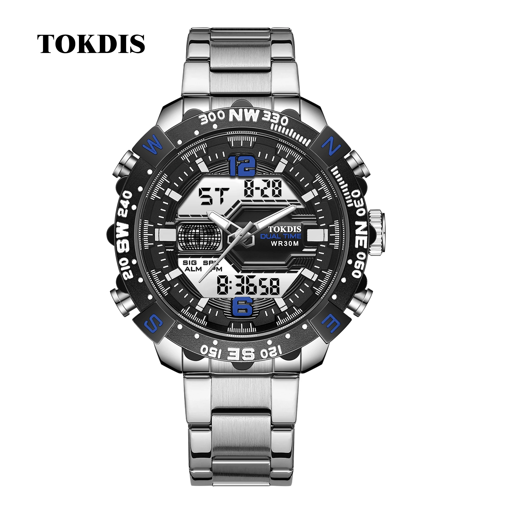 TOKDIS Men's Fashion Sports Watch with Stainless Steel Strap Waterproof Electronic Stopwatch Double Display Alloy Case Pack of 5