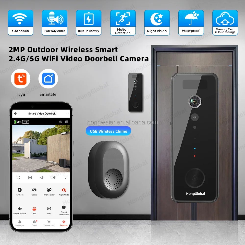 HongGlobal 2MP Waterproof Outdoor Wireless 2.4G 5G WiFi Door Camera Smartlife Tuya Security Video Door Bell Smart Ring Doorbell - Image 2