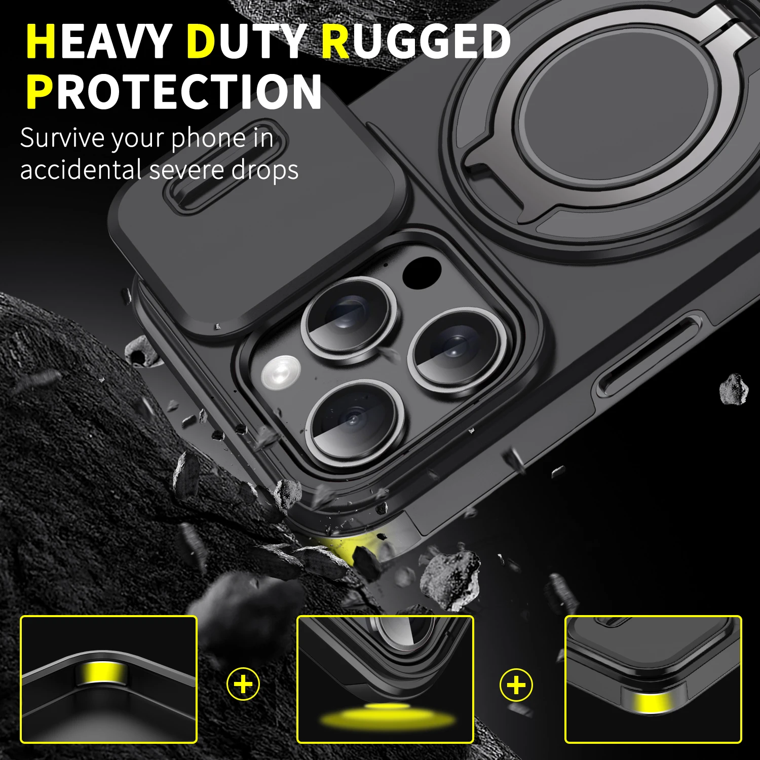 Heavy Rugged Hybrid Armor 2 in 1 Slide Camera Lens Protection Case 15 14 Pro Max with Ring Holder for iPhone 16 Pack of 20 - Image 2