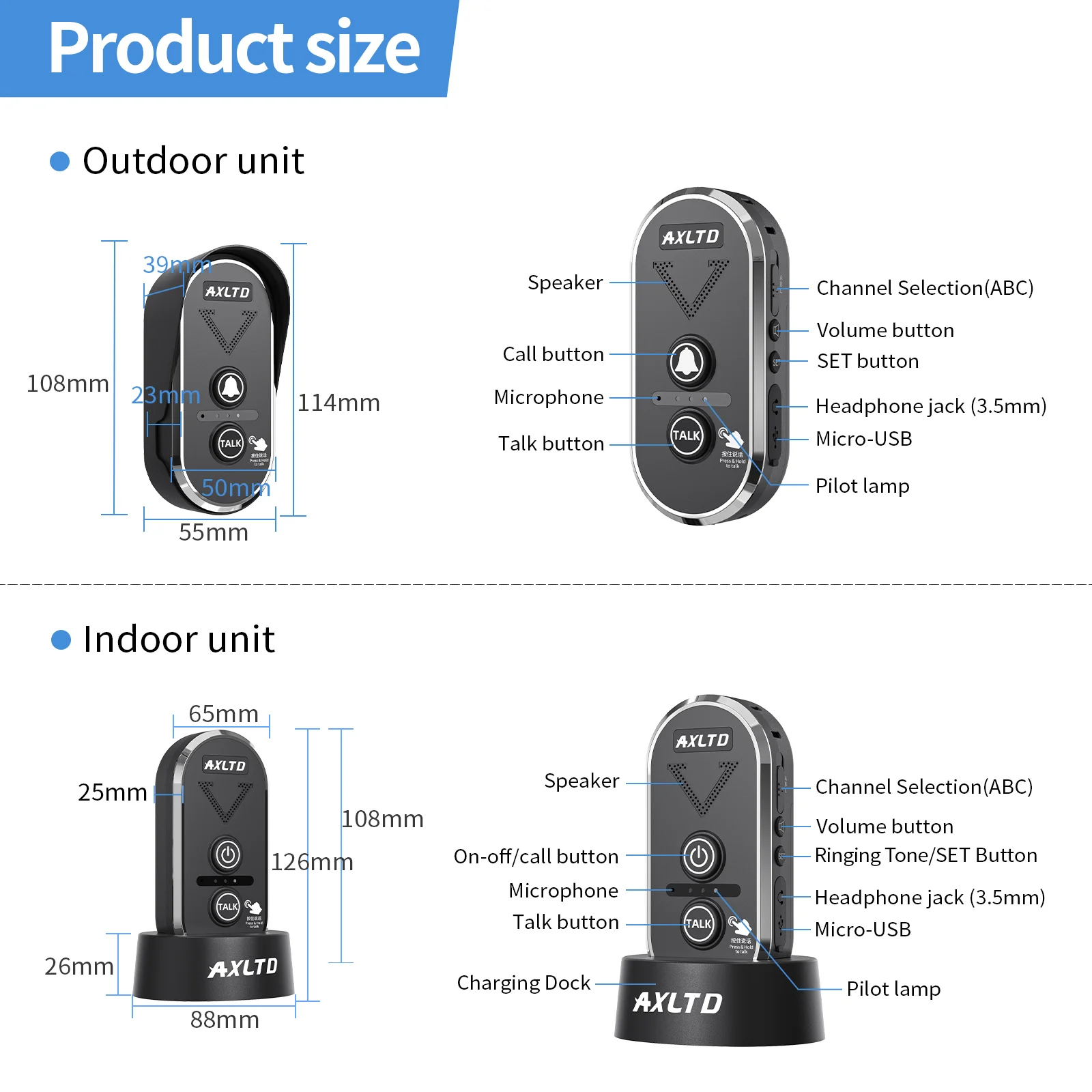 Wireless Video Audio Doorphone System Touch Screen 1500m Range Waterproof Rechargeable Battery 3 Volume Levels 20 Ringtones Home Pack of 2 - Image 2