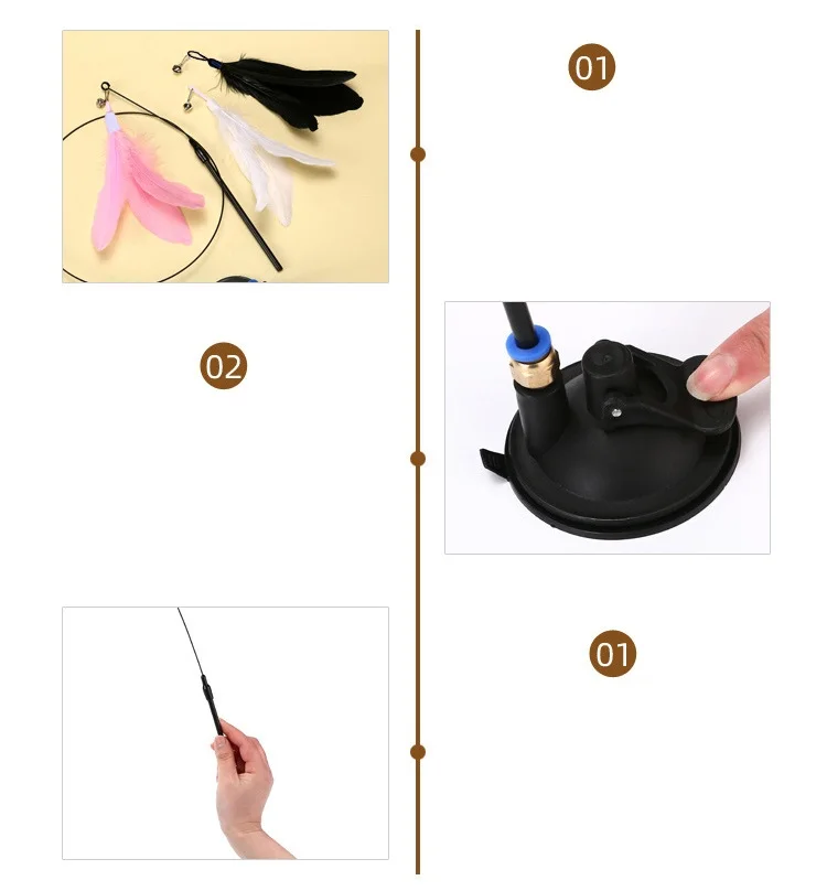 Factory Small Cat Teaser Toys Natural Bird Feather Strong Suction Cup Hands-Free Auto Detachable Wire Rod Cat Interactive Toys Pack of 2 - Image 3