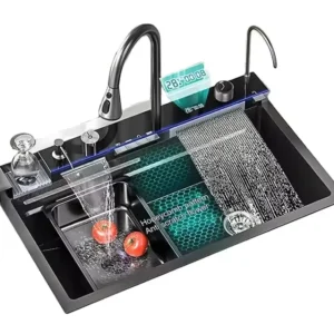 Modern LED Digital Display Waterfall Single Bowl Black Multifunctional Undermount 304 Stainless Steel Smart Kitchen Sinks