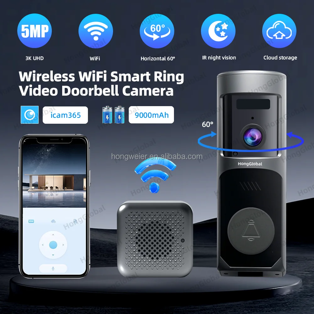 HongGlobal 5MP IP Ring Battery Bell Door Surveil Video Doorbell Security Camera ICam365 WiFi Ring Smart Wireless Doorbell Camera - Image 2