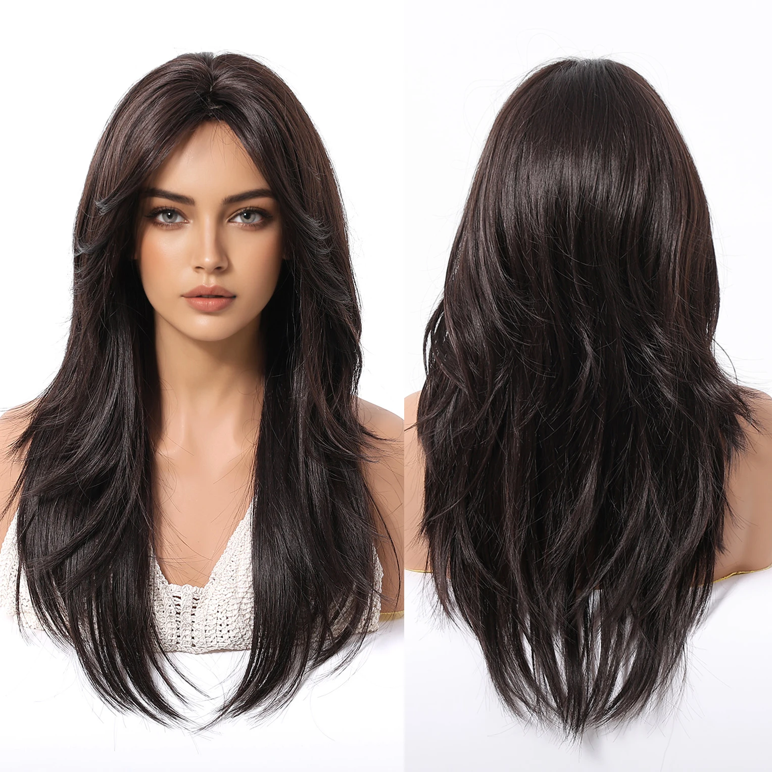 Heat Resistant Fiber Wig Dark Brown Natural Black Straight Hair With Bangs Wig Breathable Cap Real Photo 24inch