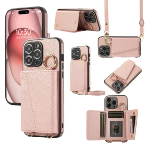 Luxury Pu Leather Lanyard Mobile Phone Protective case with Wallet and Strap Cover for Women for iphone 16 Pack of 2