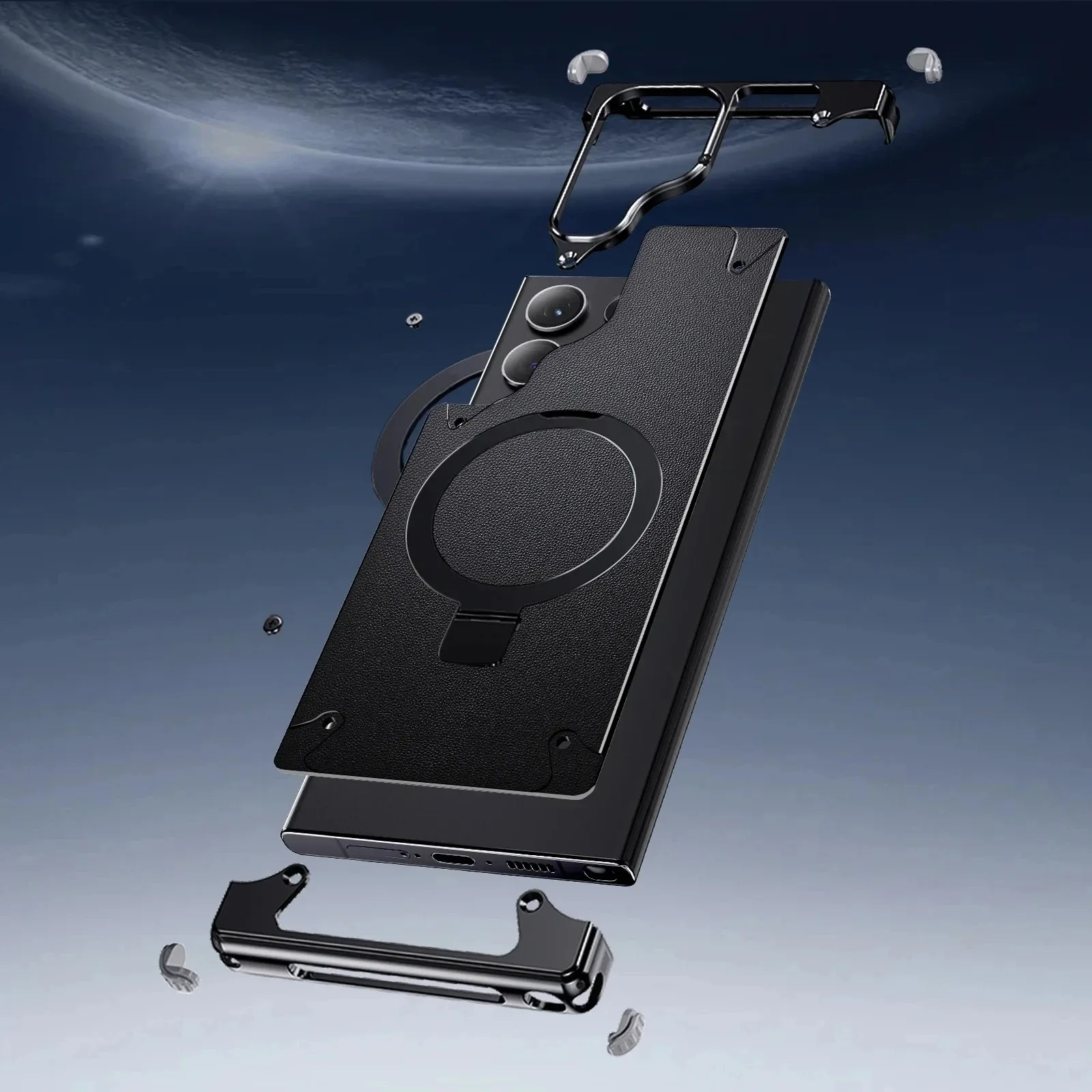 High Quality PC Leather Cover Magnetic Bracket Case Rugged Aluminium Alloy Metal Rimless Case for Samsung S23 S24 Ultra - Image 3