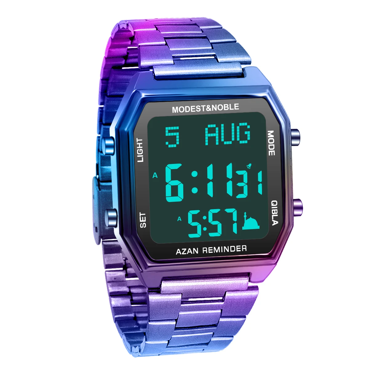 Qibla Compass Stainless Steel Sport Alarm Islamic Watch with Prayer Time Muslim Calendar LED Display Azan Feature Stop Watch Pack of 2 - Image 2