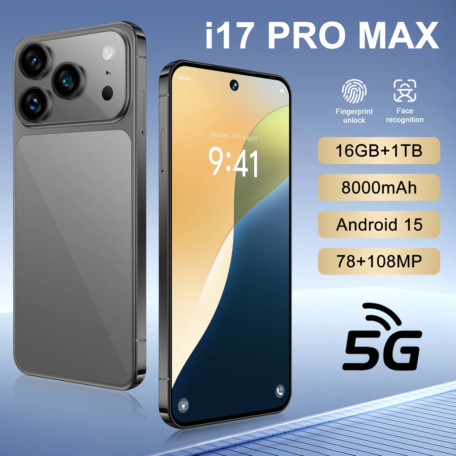 I 17 Pro Max 5G China Smartphone 108MP Triple Camera 16GB+1TB 8000mAh Fast Charge Global Version Cross-Border Hot Selle