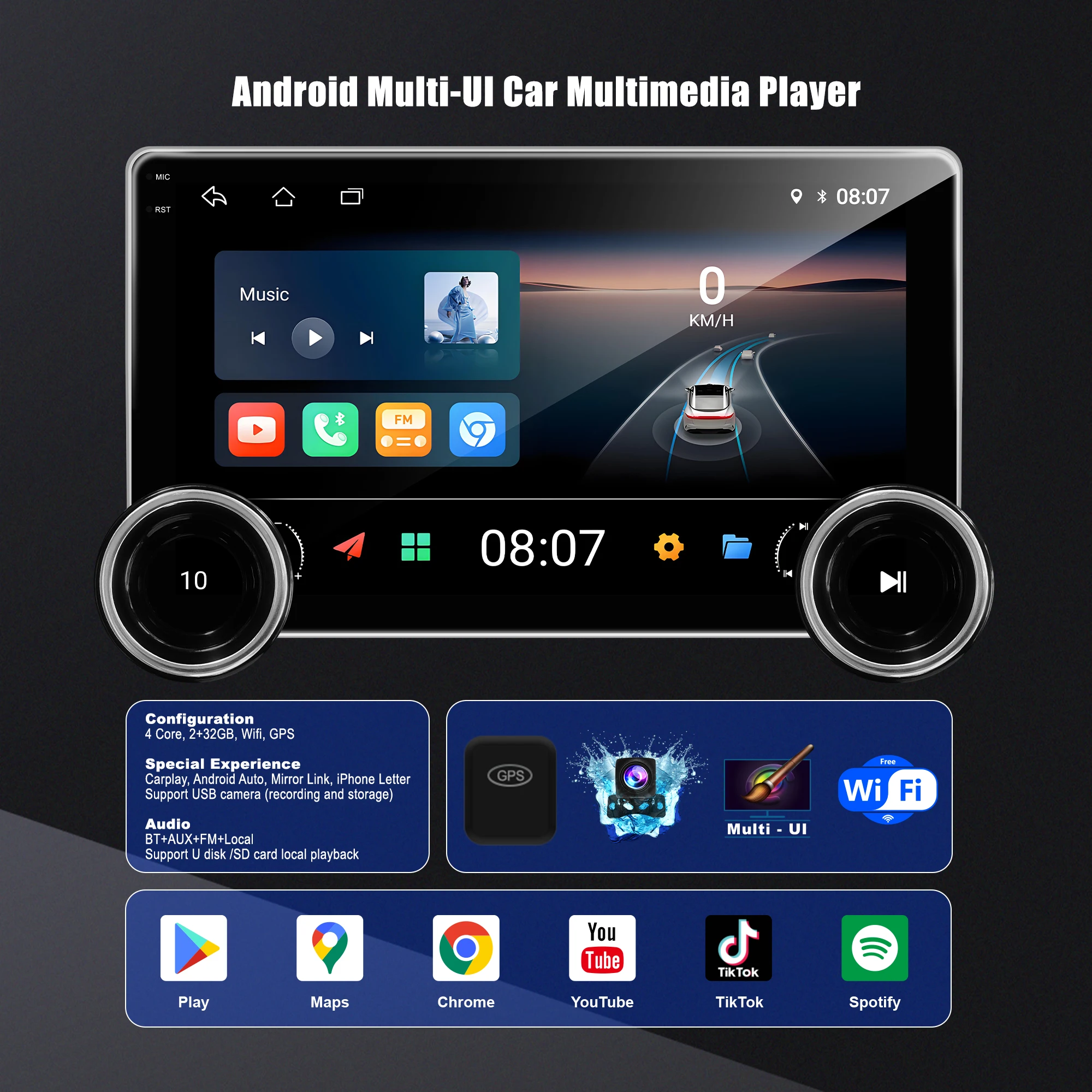 10.1 Inch Automotive Multimedia System Android Auto DSP Car Play Diamond 2K Infinite Dual Knob Car Radio Screen - Image 2
