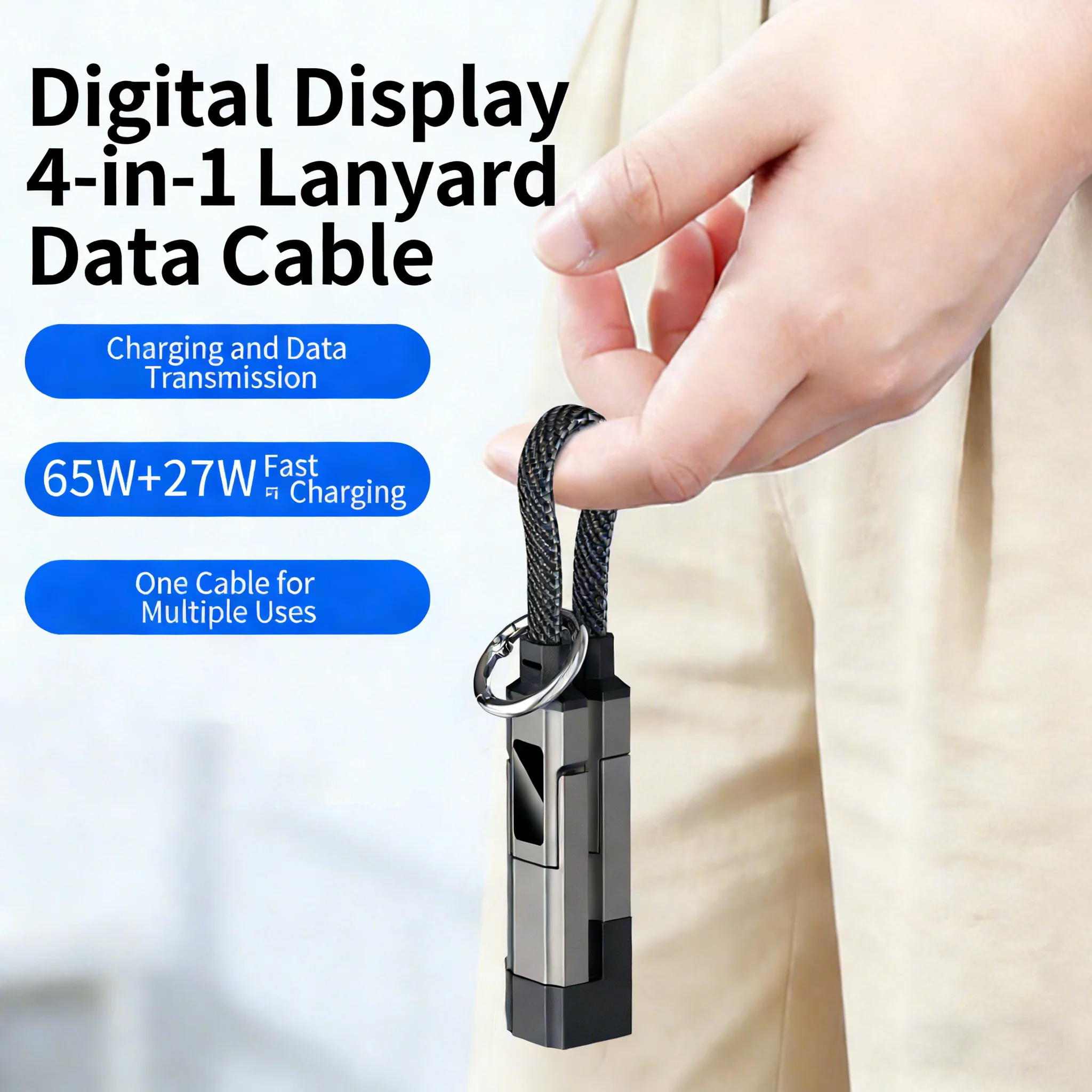 65W 27W Portable Braid 0.2M Multi Keychain Lanyard Cable with LED Display 4 in 1 USB C Fast Charging Cord for iPhone - Image 4