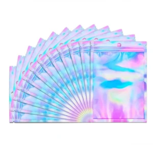 Resealable Smell Proof Bags Holographic Mylar Bags Clear Window With Zipper for Small Business Food Storage Candy Pack of 100