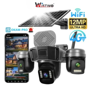Wistino 12MP Three Screen Three Lens 4G Solar Camera Outdoor WiFi PTZ PIR Detect Auto Tracking Okam Pro Security Camera