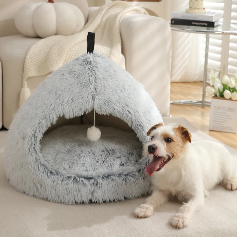 Dropshipping Multi Colors Winter Cozy Luxury Pet Bed House Fluffy Plush Warm Washable Portable Cat Cave for Indoor with Ball Toy - Image 2