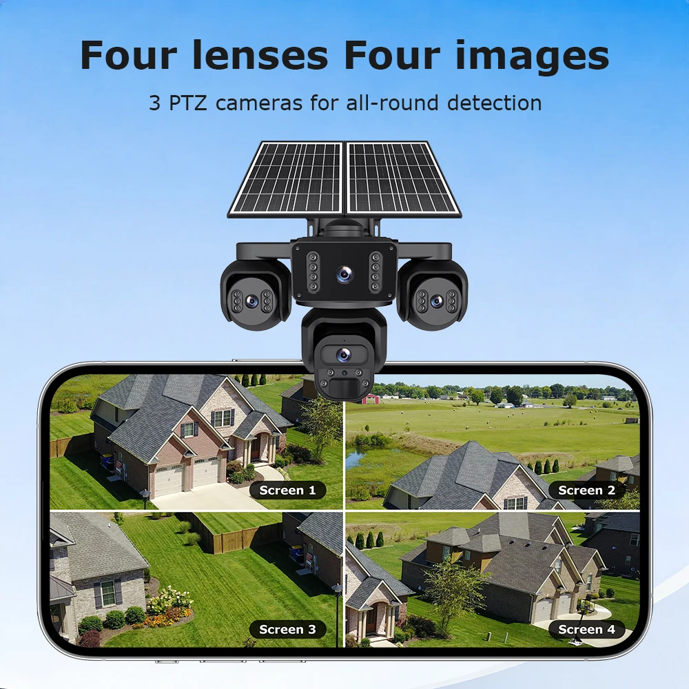 Economic 20MP Real 4 Lens 4 Screens AOV Wifi Security Tracking IP66 Human Detection PIR Alarm 24/7 Working Solar Battery Camera - Image 4