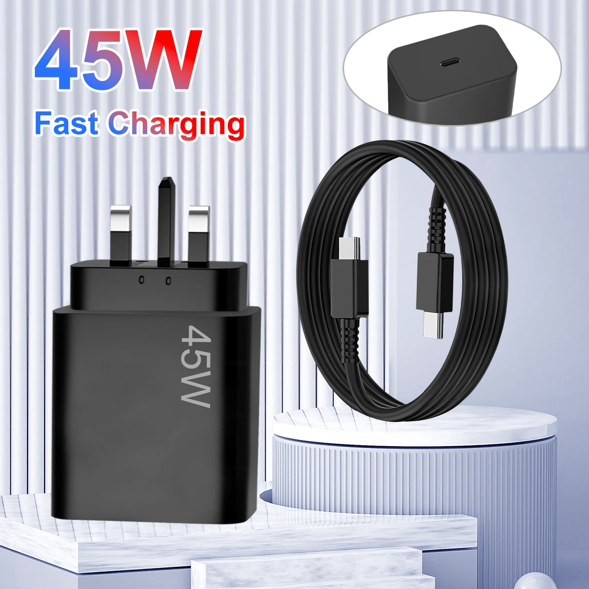 45W Type-C Super Fast Charging PD 3.0 USB C Data Cable for Samsung for Galaxy S22 S23 S24 Ultra EU UK Plug Pack of 5