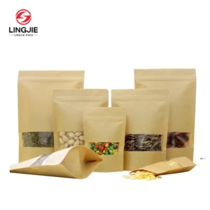 LingJie Brown Ziplock Kraft and White Kraft Craft Paper Standing up Pouches Food Packaging Zipper Bags With Window Pack of 500