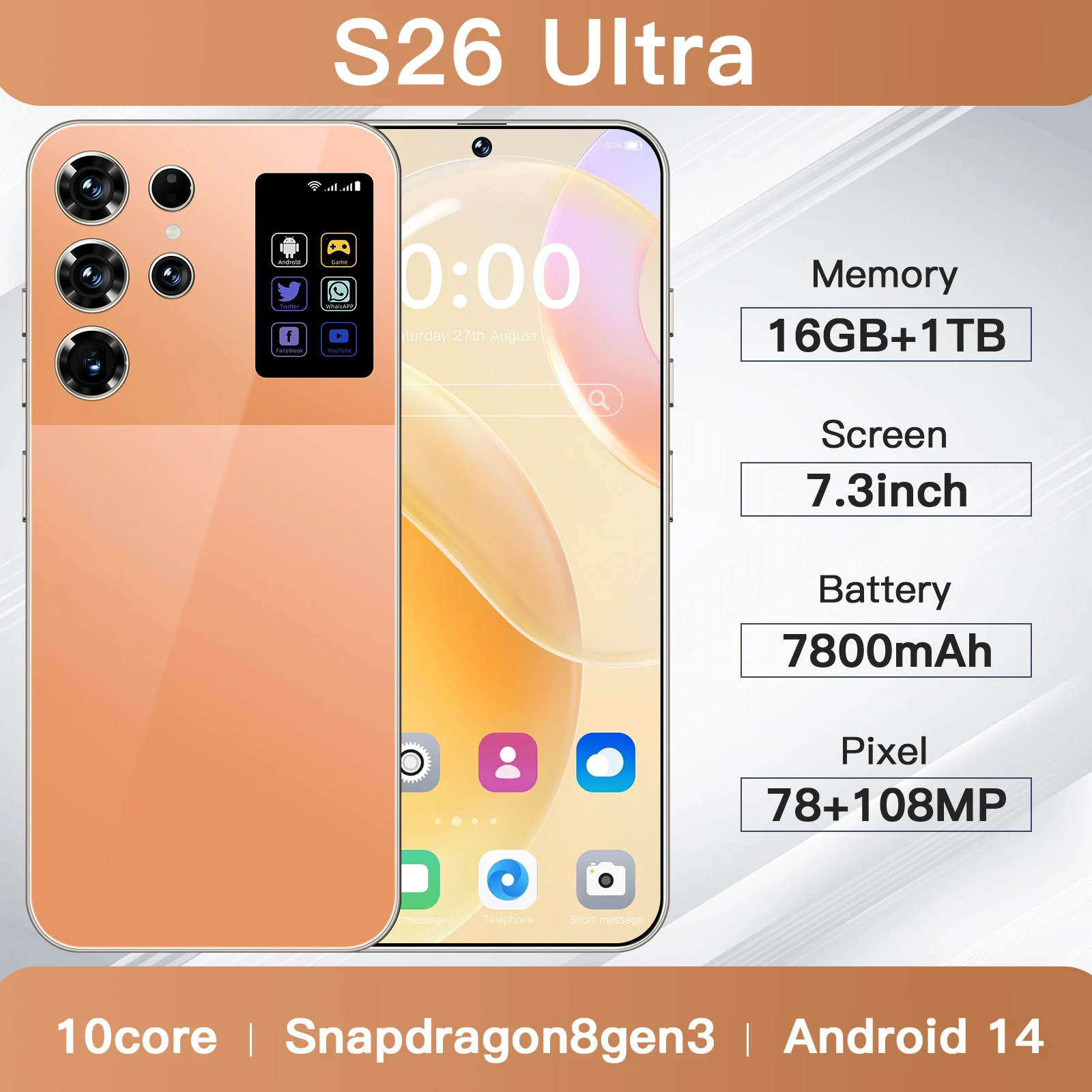 S26 Ultra 7.3 Inch 16GB+1TB 5G Smartphone 72+108MP HD Camera Dual Card 5G Android 14.0 Unlocked Cellphone - Image 2