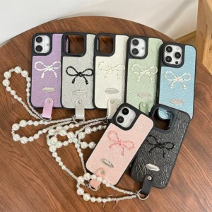 Women's Fashion PU Case Pearl Bracelet Bowknot 17 Pro Max case Luxury Design Phone Cover iphone 15 14 13 12 for iPhone 16 Pack of 5